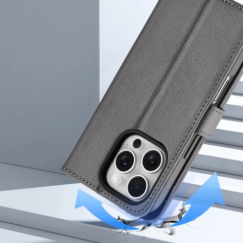 Etui skórzane Dux Ducis Lawa na iPhone 16 Pro Max z odłączanym portfelem magnetycznym - szare