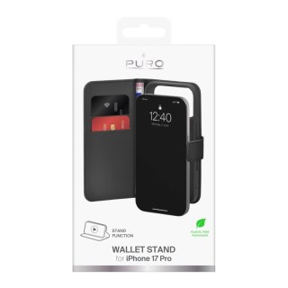 Etui Puro Wallet Stand na iPhone 17 Pro z ekoskóry, z klapką, portfelem i funkcją podstawki - czarne