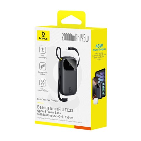 Powerbank Baseus EnerFill FC31 QPow3 20000mAh 45W z wyświetlaczem z kablami USB-C i Lightning - czarny