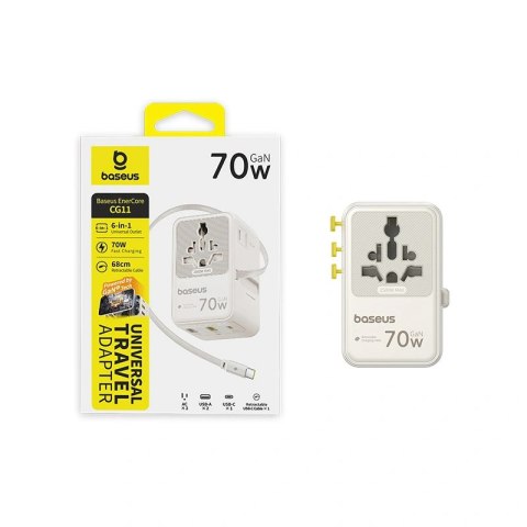 Adapter podróżny Baseus EnerCore CG11 70W 6w1 ze zwijanym kablem USB-C - biały
