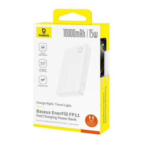 Powerbank Baseus EnerFill FP11 10000mAh 15W z białym kablem USB-C 20V/3A 30cm - biały