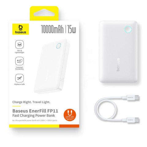 Powerbank Baseus EnerFill FP11 10000mAh 15W z białym kablem USB-C 20V/3A 30cm - biały