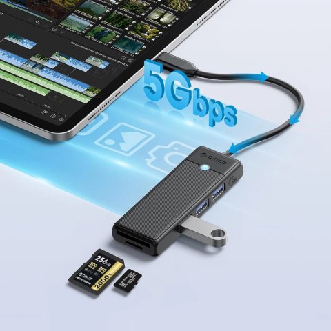 Hub USB Orico PAPW3AT-U3 4-portowy 3x USB-A 3.0 z czytnikiem kart microSD/SD 1,8 m - czarny