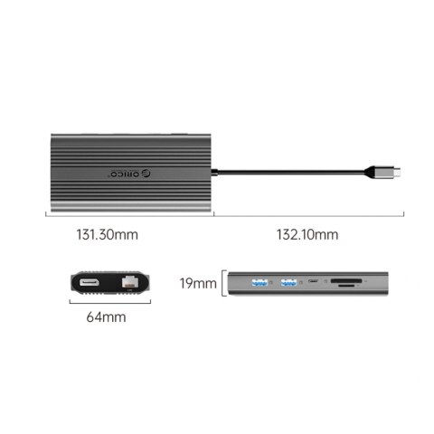 Stacja dokująca USB-C Orico XDR 12w1 USB-A USB-C 2x HDMI 4K 60Hz DisplayPort 4K 60Hz RJ45 Gigabit PD 100W czytnik kart SD i micr