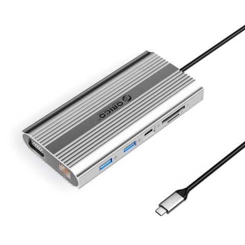 Stacja dokująca USB-C Orico XDR 12w1 USB-A USB-C HDMI 4K VGA RJ45 Gigabit PD 100W czytnik kart SD i microSD - srebrna