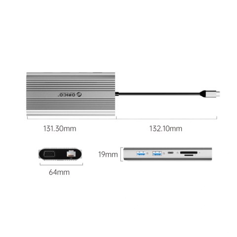 Stacja dokująca USB-C Orico XDR 12w1 USB-A USB-C HDMI 4K VGA RJ45 Gigabit PD 100W czytnik kart SD i microSD - srebrna
