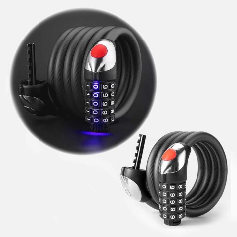 Zapięcie rowerowe Rockbros RKS531 na szyfr 5-cyfrowy linka stalowa 120 cm z oświetleniem LED - czarne