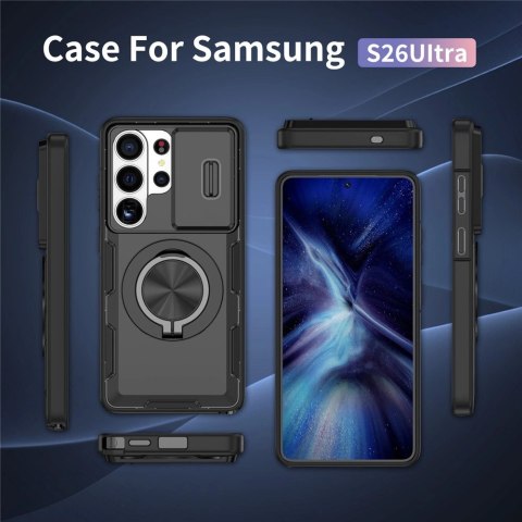 Etui na Samsung Galaxy S26 Ultra z przesuwaną osłoną aparatu i obrotową podstawką kompatybilne z MagSafe - czarne