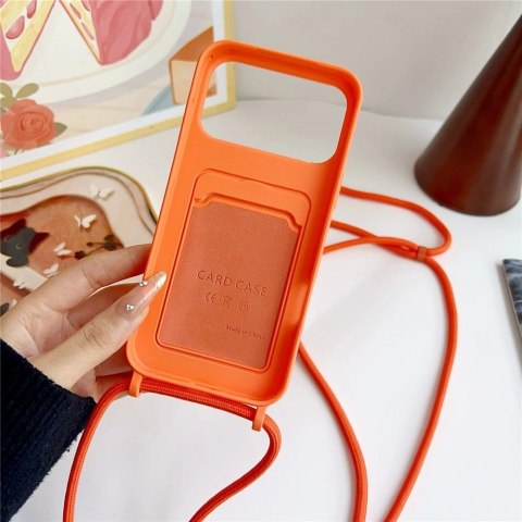Etui na iPhone 17 Pro / 18 Pro silikonowe z kieszenią na kartę i paskiem Crossbody - pomarańczowe