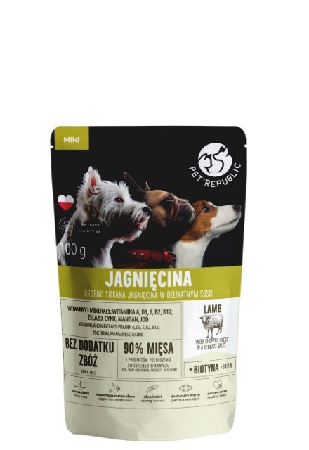 PetRepublic drobno siekane kawałki w delikatnym sosie - jagnięcina 100g dla psa