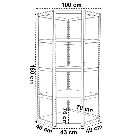Regał magazynowy narożny 5 poziomów 875 kg 180 x 70 x 40 cm