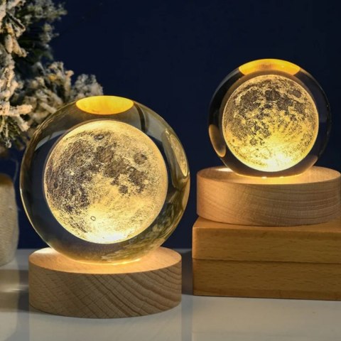 Szklana Kula 3D Księżyc- Lampa Nocna LED USB - Gadżet na Biurko - KKS