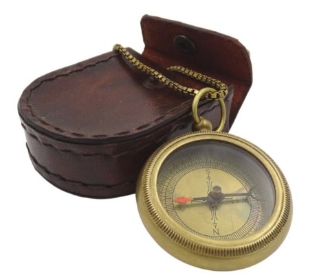 Stylowy Kompas Mosiężny z Łańcuszkiem w Skórzanym Etui - COM-0470A