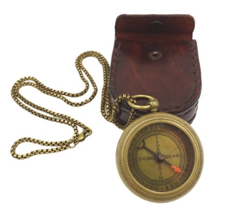 Stylowy Kompas Mosiężny z Łańcuszkiem w Skórzanym Etui - COM-0470A