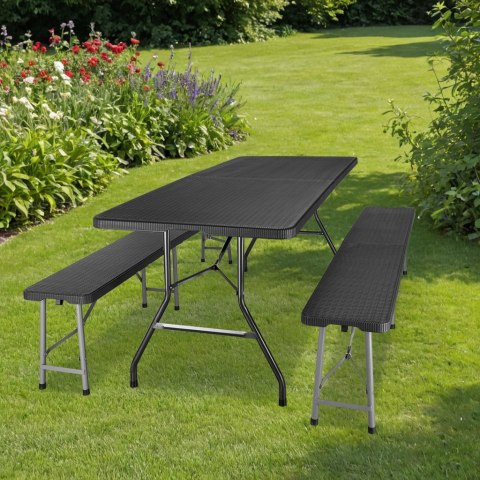 Zestaw cateringowy Rattan czarny stół 180 cm+ 2 ławki