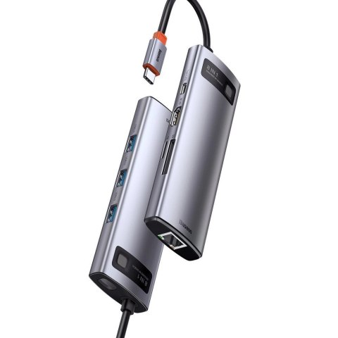 Hub Baseus Metal Gleam 8w1 USB-C - USB-C PD 100W 1x HDMI 4K 30Hz 1x czytnik kart SD i microSD 3x USB-A 3.2 1xRJ45 - szary
