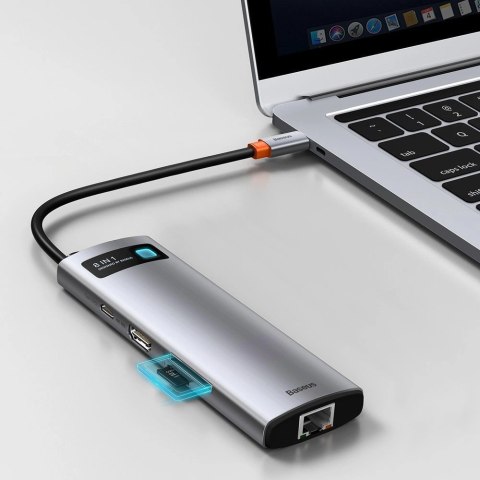 Hub Baseus Metal Gleam 8w1 USB-C - USB-C PD 100W 1x HDMI 4K 30Hz 1x czytnik kart SD i microSD 3x USB-A 3.2 1xRJ45 - szary