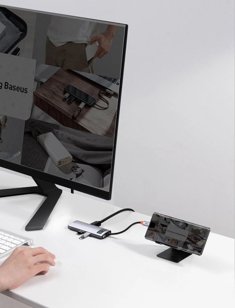 Hub Baseus Metal Gleam 8w1 USB-C - USB-C PD 100W 1x HDMI 4K 30Hz 1x czytnik kart SD i microSD 3x USB-A 3.2 1xRJ45 - szary
