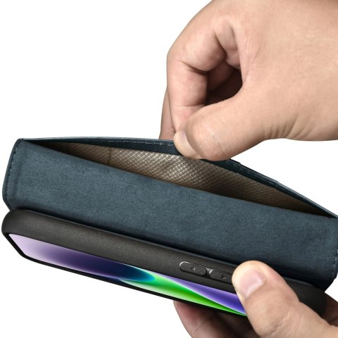 ICarer Oil Wax Wallet Case 2in1 etui iPhone 14 Plus skórzany pokrowiec z klapką Anti-RFID niebieski (WMI14220723-BU)