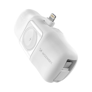 Mini powerbank Wozinsky WF16-YLS 5000mAh 15W Lightning z wbudowanym kablem USB-C i ładowarką do Apple Watch - biały