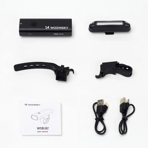 Zestaw lampek rowerowych Wozinsky WSBLB2 przednia (400 lm) USB-C i tylna USB micro - czarny