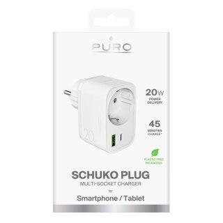 Ładowarka Puro 20W Power Delivery z wtyczką i gniazdem Schuko 1x USB-C + 1x USB-A - biała